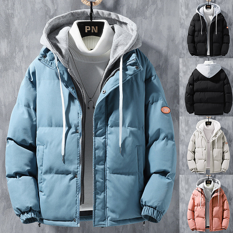 Fashion Hooded Jacket Men Winter Windproof Thickened Two-piece Coat Solid Leisure Sports Cotton Jacket