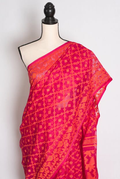 Nagma Pink & Orange Jamdani Saree — close view of the upper drape on a mannequin