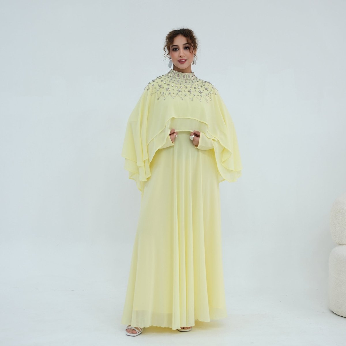 Black Crystal-Embellished Cape-Sleeve Chiffon Maxi Dress Set – view 22