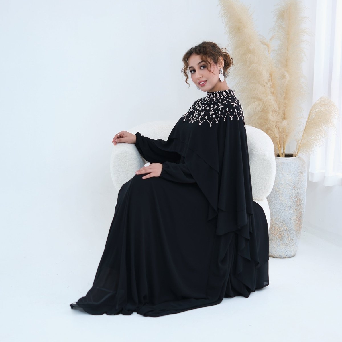 Black Crystal-Embellished Cape-Sleeve Chiffon Maxi Dress Set – view 20