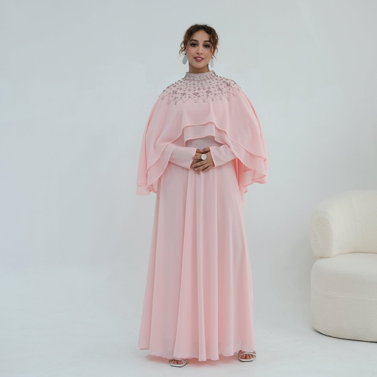 Black Crystal-Embellished Cape-Sleeve Chiffon Maxi Dress Set – view 12