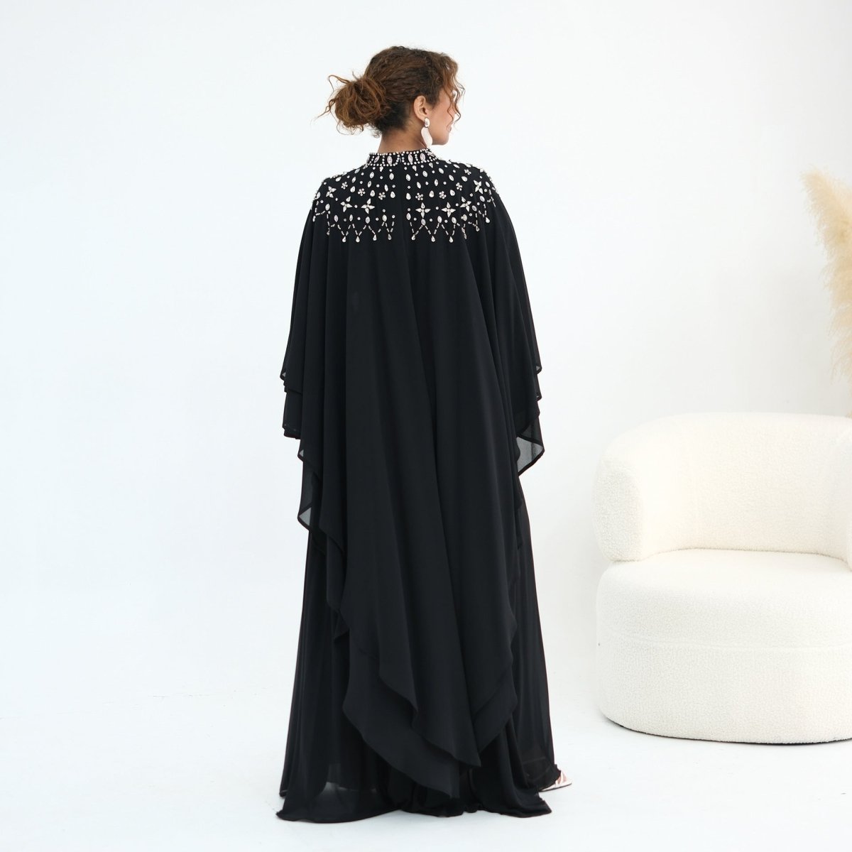 Black Crystal-Embellished Cape-Sleeve Chiffon Maxi Dress Set – view 19