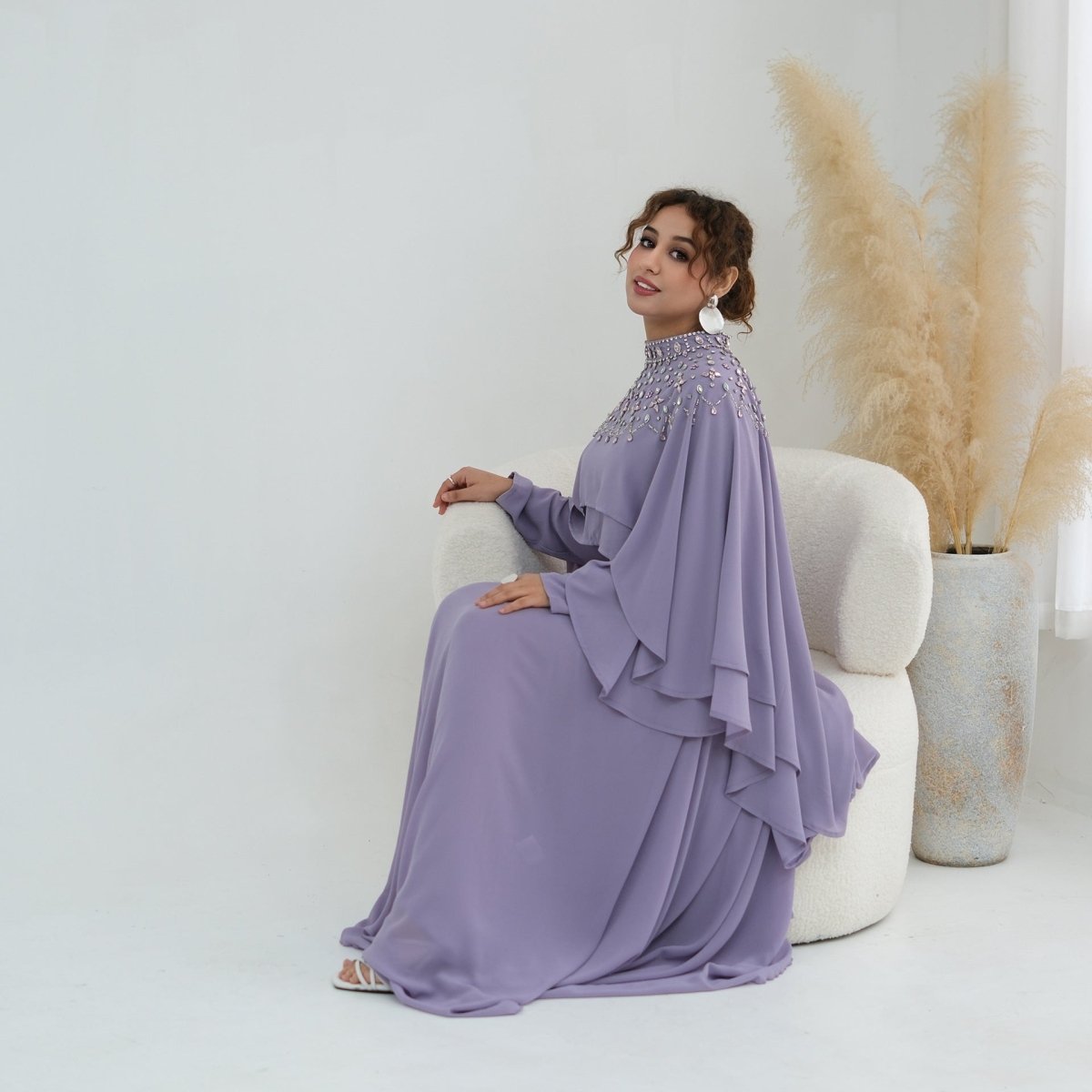 Black Crystal-Embellished Cape-Sleeve Chiffon Maxi Dress Set – view 8