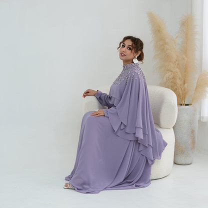 Black Crystal-Embellished Cape-Sleeve Chiffon Maxi Dress Set – view 8