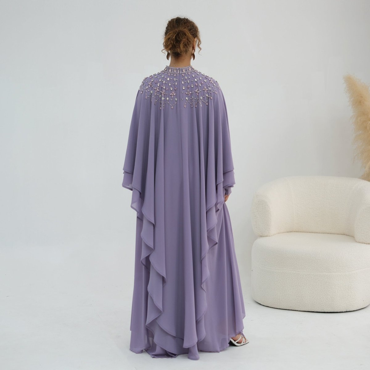 Black Crystal-Embellished Cape-Sleeve Chiffon Maxi Dress Set – view 10