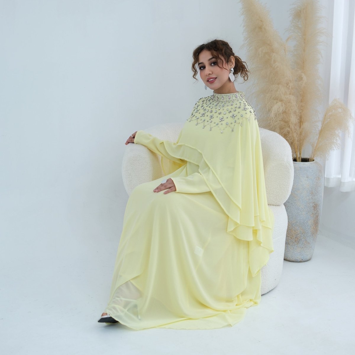 Black Crystal-Embellished Cape-Sleeve Chiffon Maxi Dress Set – view 23