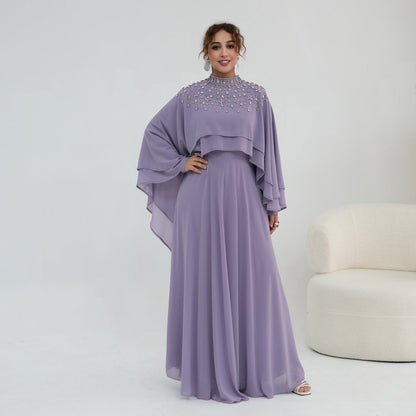 Black Crystal-Embellished Cape-Sleeve Chiffon Maxi Dress Set