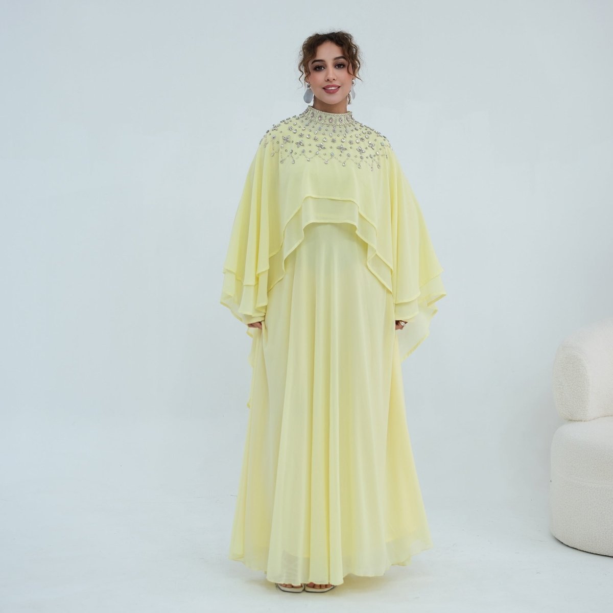 Black Crystal-Embellished Cape-Sleeve Chiffon Maxi Dress Set – view 25