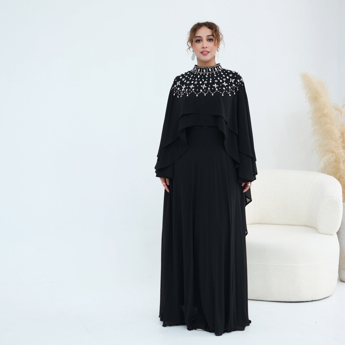 Black Crystal-Embellished Cape-Sleeve Chiffon Maxi Dress Set – view 17