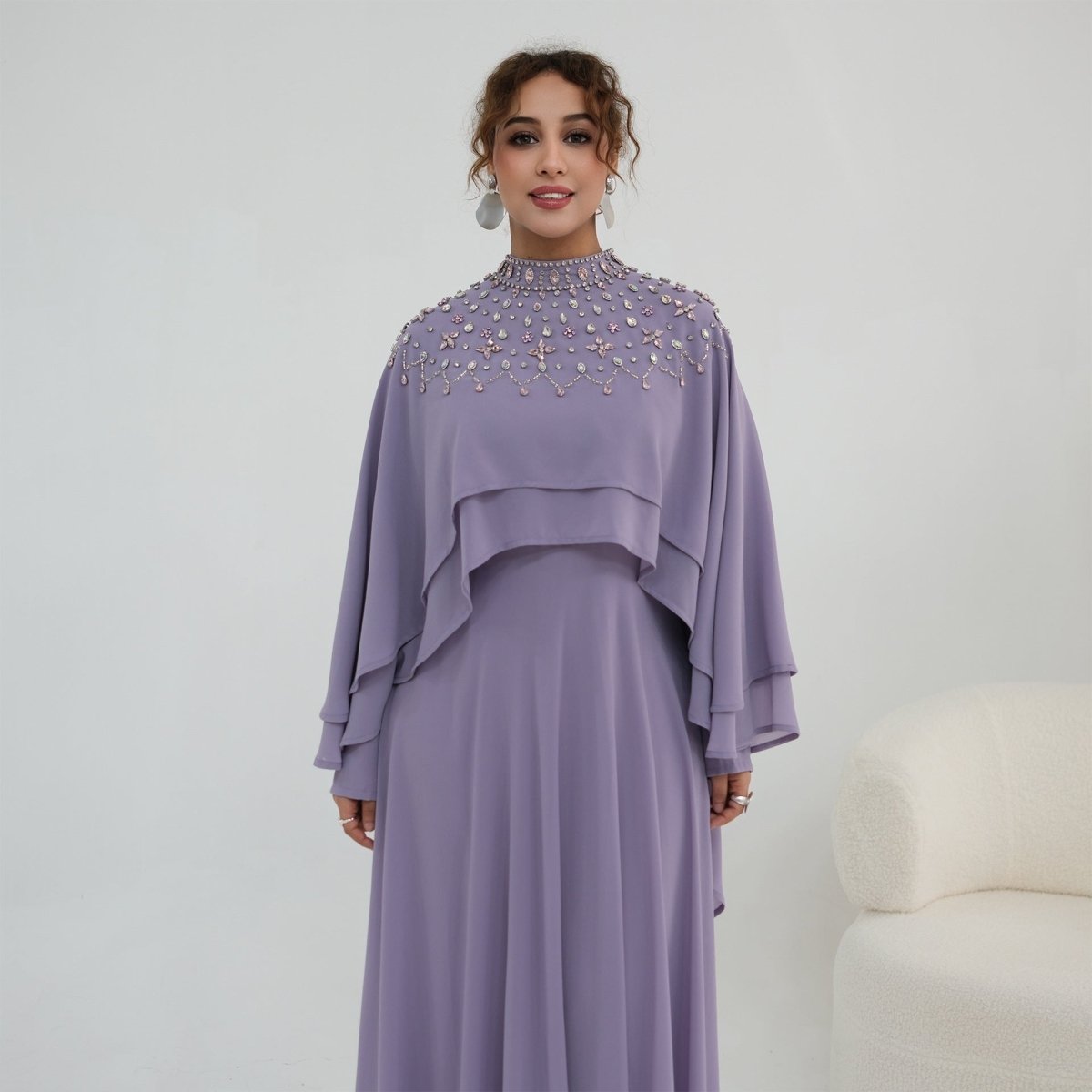 Black Crystal-Embellished Cape-Sleeve Chiffon Maxi Dress Set – view 5