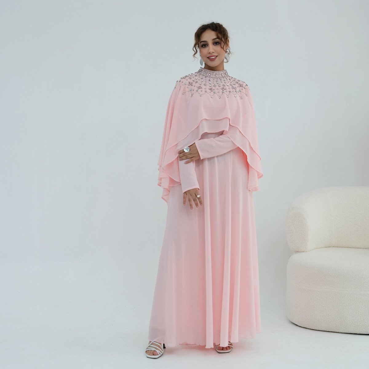 Black Crystal-Embellished Cape-Sleeve Chiffon Maxi Dress Set – view 11
