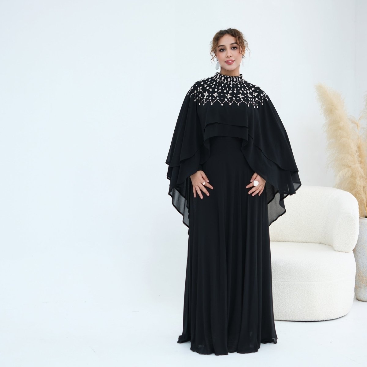 Black Crystal-Embellished Cape-Sleeve Chiffon Maxi Dress Set – view 18
