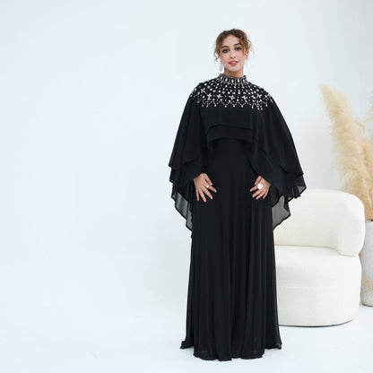 Black Crystal-Embellished Cape-Sleeve Chiffon Maxi Dress Set – view 18