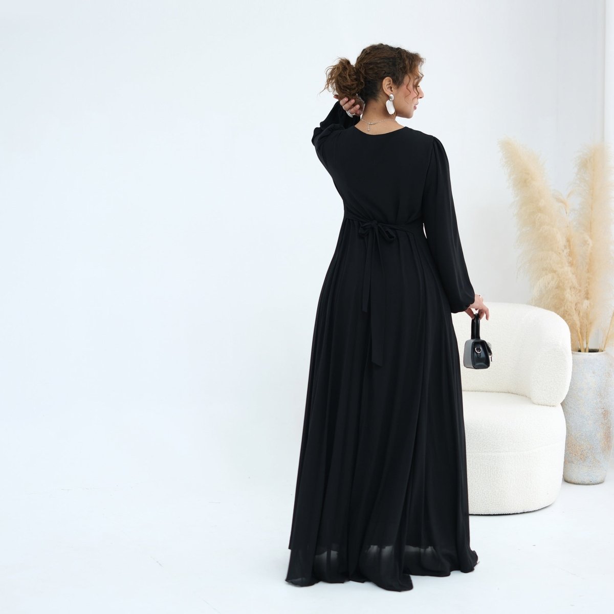 Black Crystal-Embellished Cape-Sleeve Chiffon Maxi Dress Set – view 16