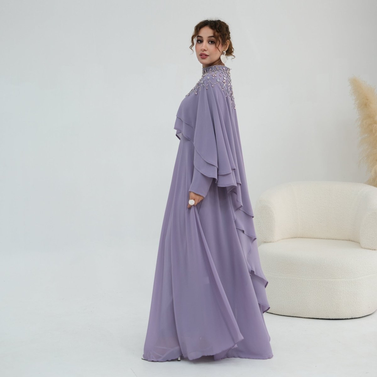 Black Crystal-Embellished Cape-Sleeve Chiffon Maxi Dress Set – view 9