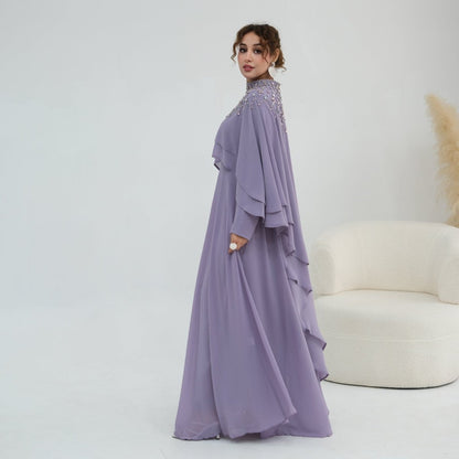 Black Crystal-Embellished Cape-Sleeve Chiffon Maxi Dress Set – view 9