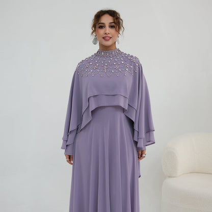 Black Crystal-Embellished Cape-Sleeve Chiffon Maxi Dress Set – view 2