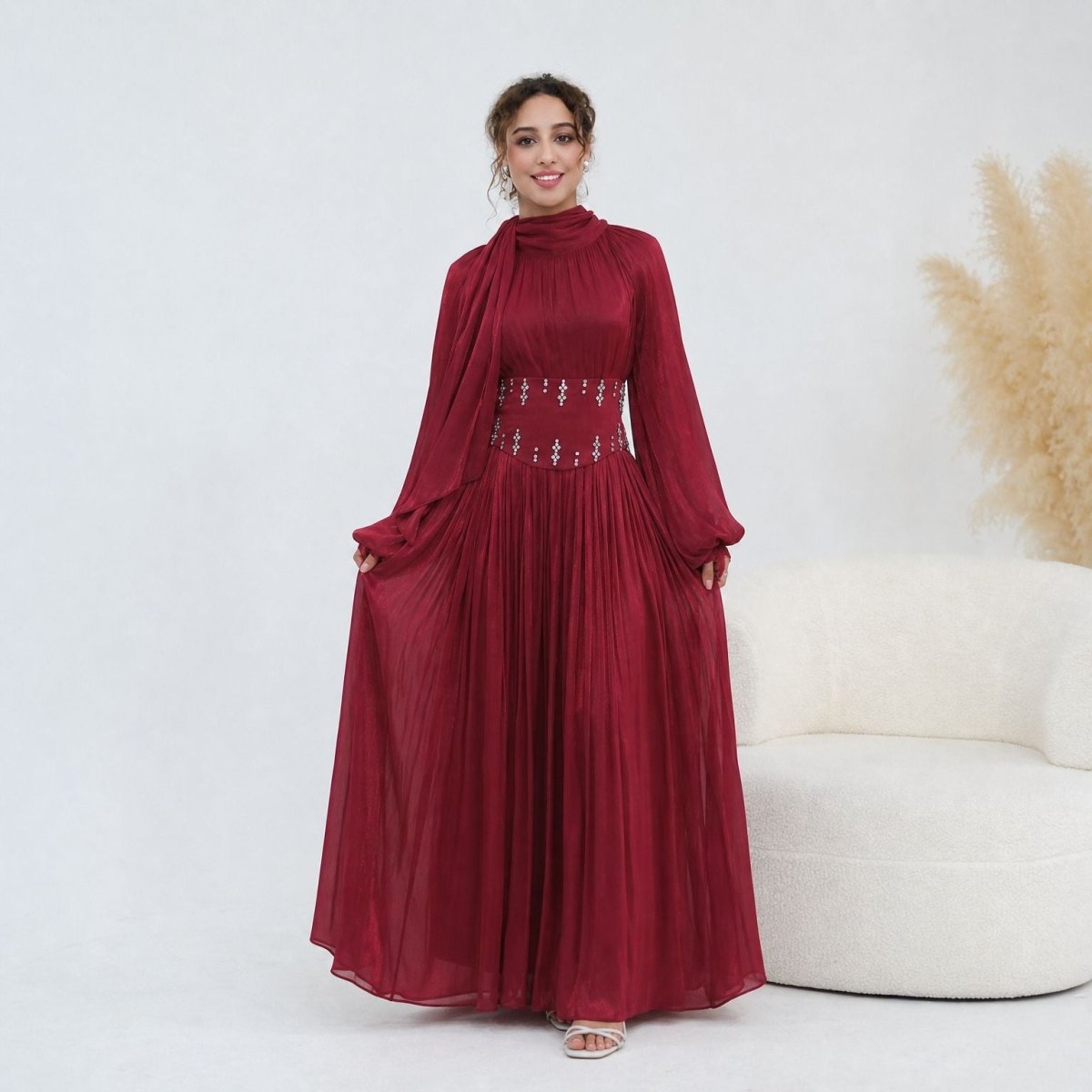 Black Crystal-Embellished Wide Belt Puff-Sleeve Maxi Dress – view 5