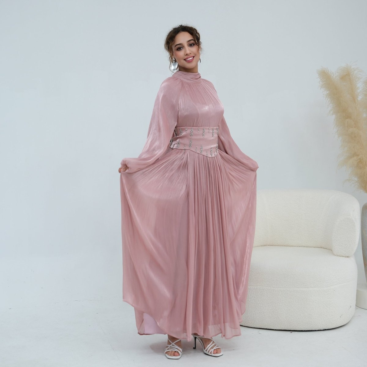 Black Crystal-Embellished Wide Belt Puff-Sleeve Maxi Dress – view 10