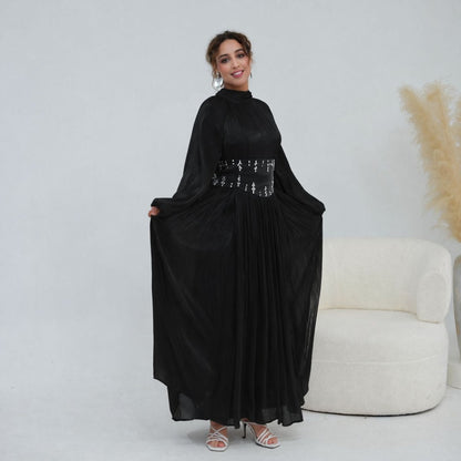 Black Crystal-Embellished Wide Belt Puff-Sleeve Maxi Dress – view 3