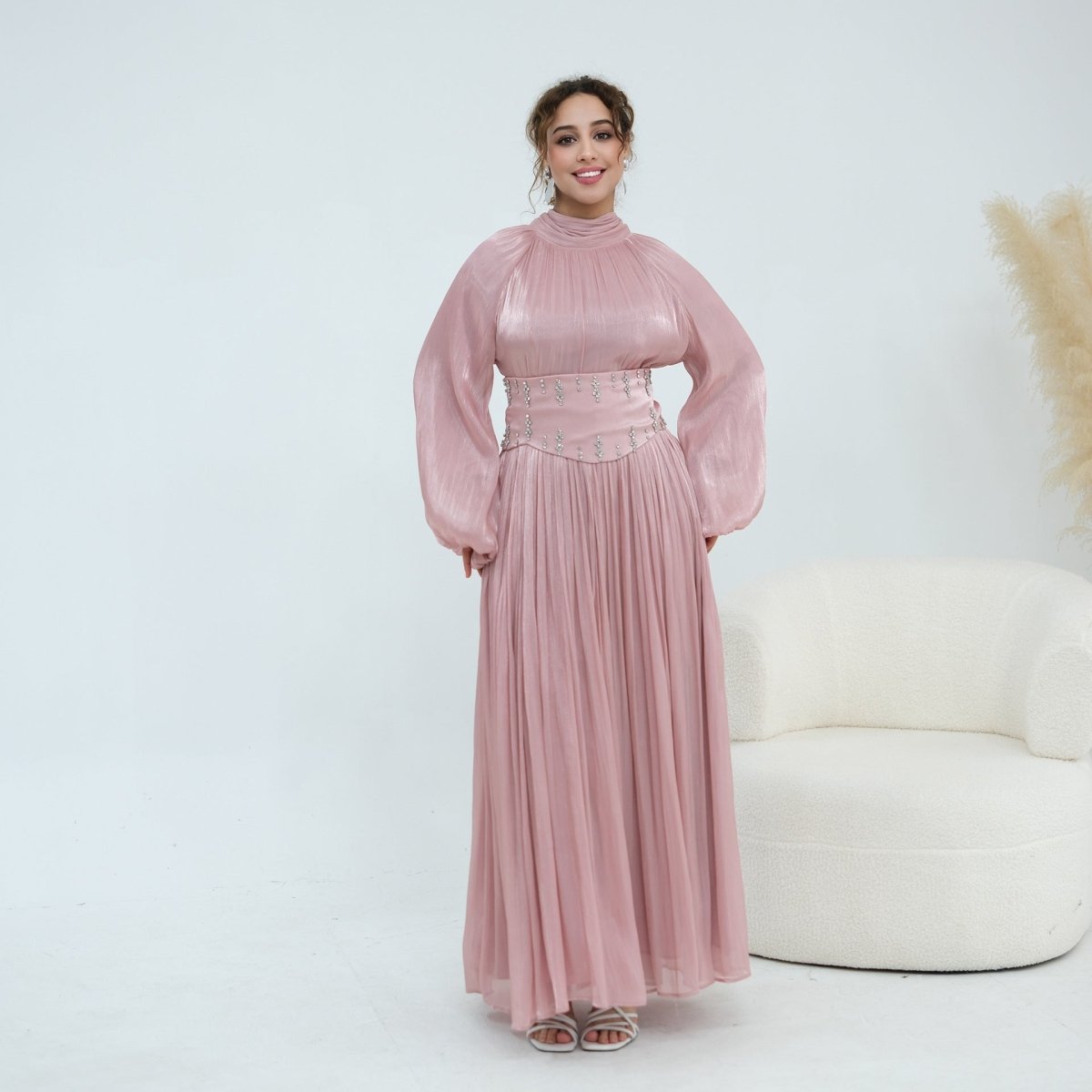 Black Crystal-Embellished Wide Belt Puff-Sleeve Maxi Dress – view 9