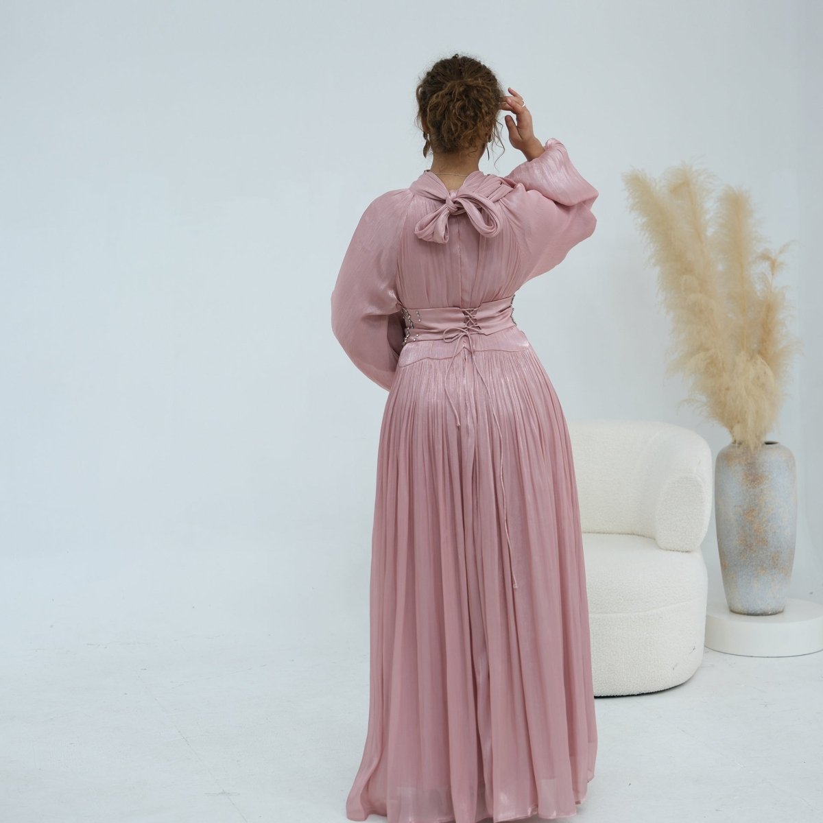 Black Crystal-Embellished Wide Belt Puff-Sleeve Maxi Dress – view 11