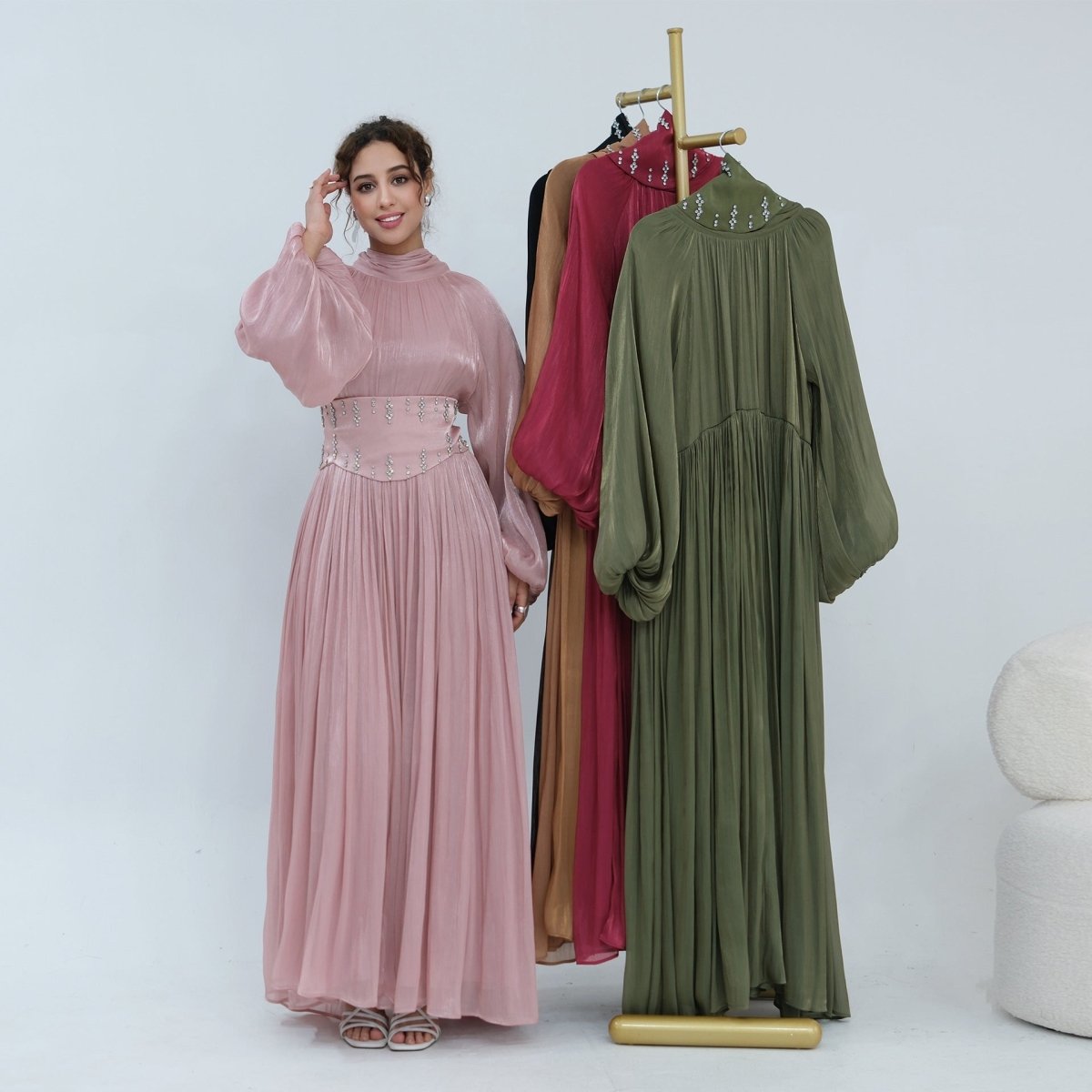 Black Crystal-Embellished Wide Belt Puff-Sleeve Maxi Dress – view 7