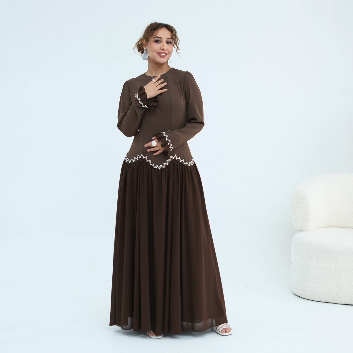 Black Crystal-Trim Ruffle Cuffs Maxi Dress – view 4
