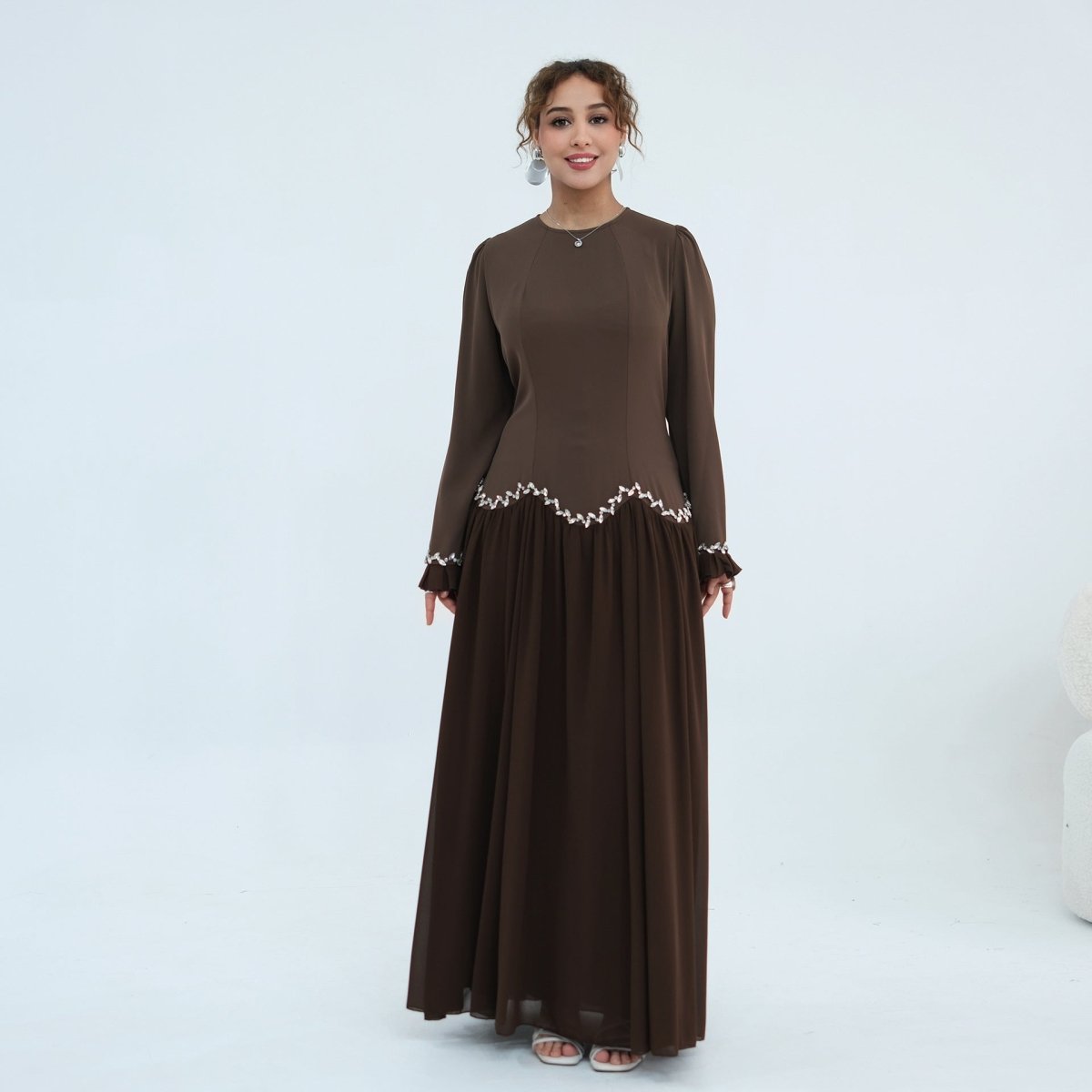 Black Crystal-Trim Ruffle Cuffs Maxi Dress – view 27