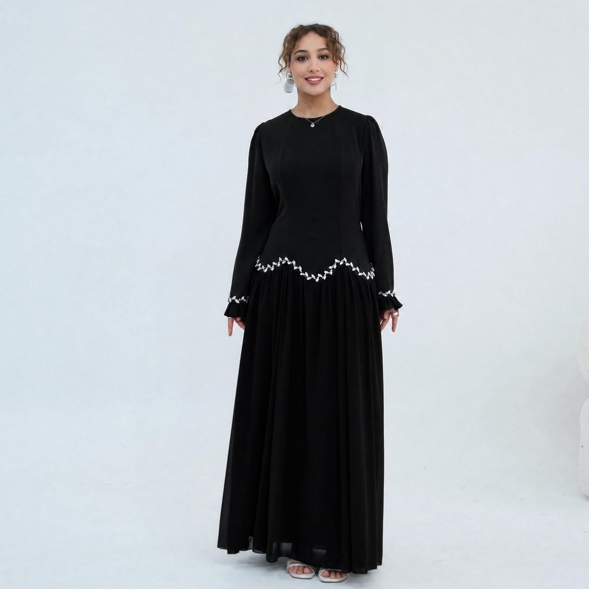 Black Crystal-Trim Ruffle Cuffs Maxi Dress – view 5