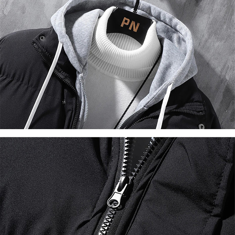 Fashion Hooded Jacket Men Winter Windproof Thickened Two-piece Coat Solid Leisure Sports Cotton Jacket