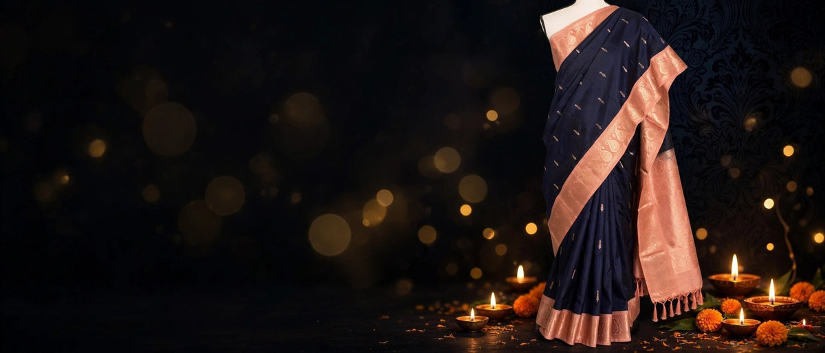 The Diwali Collection — Kalyani midnight blue and peach Kanjivaram silk saree with Diwali diyas and marigolds