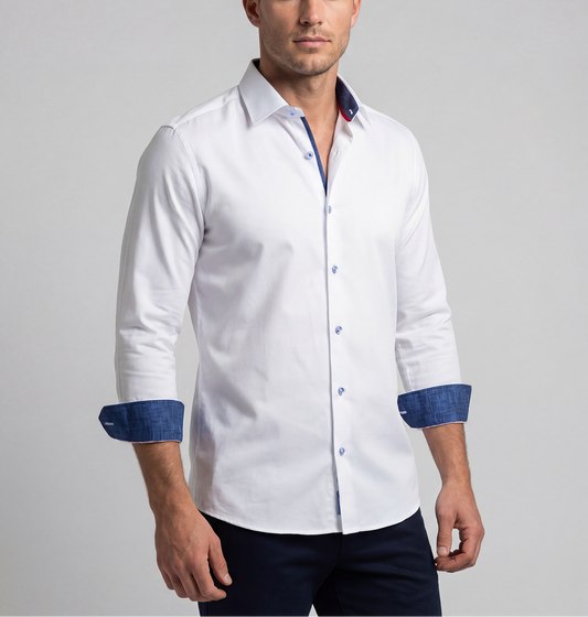 LEVINAS Ron Cotton Stretch Button-Up Shirt — White