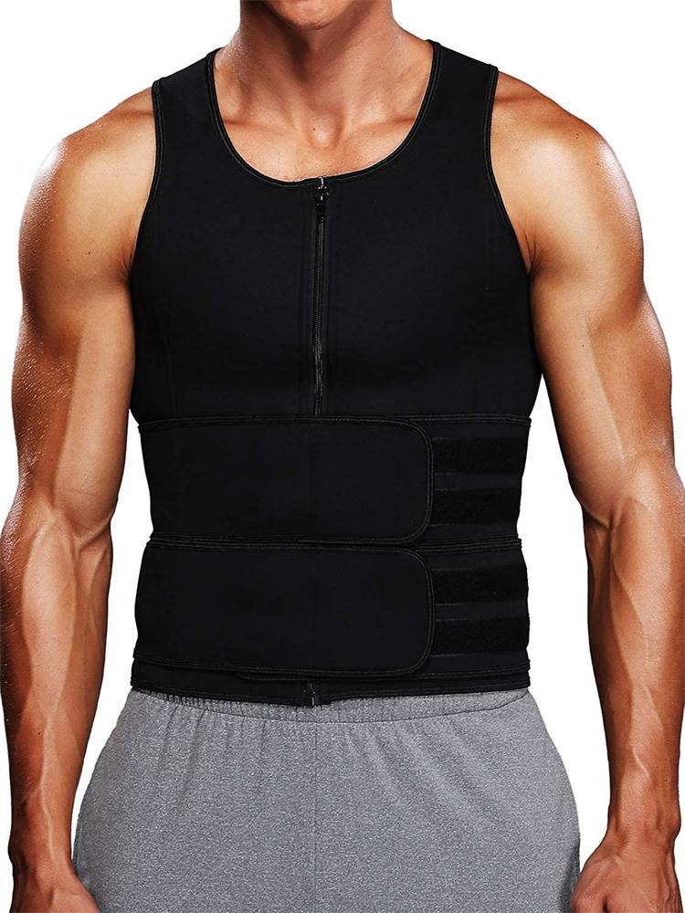 Men's black neoprene waist trainer vest with front zipper and adjustable straps for fitness shaping