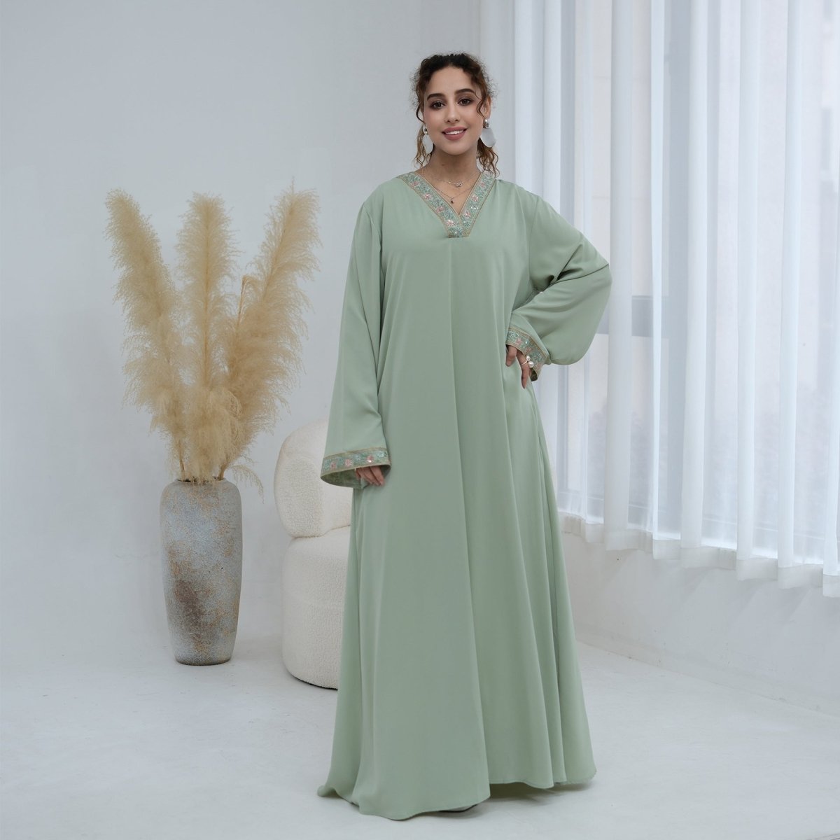 Light green Floral Embroidered V-Neck Nida Maxi Dress – view 15