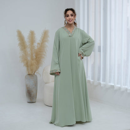 Light green Floral Embroidered V-Neck Nida Maxi Dress – view 15