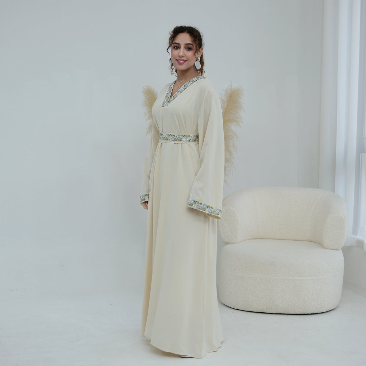 Light green Floral Embroidered V-Neck Nida Maxi Dress – view 14