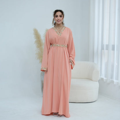 Light green Floral Embroidered V-Neck Nida Maxi Dress – view 27