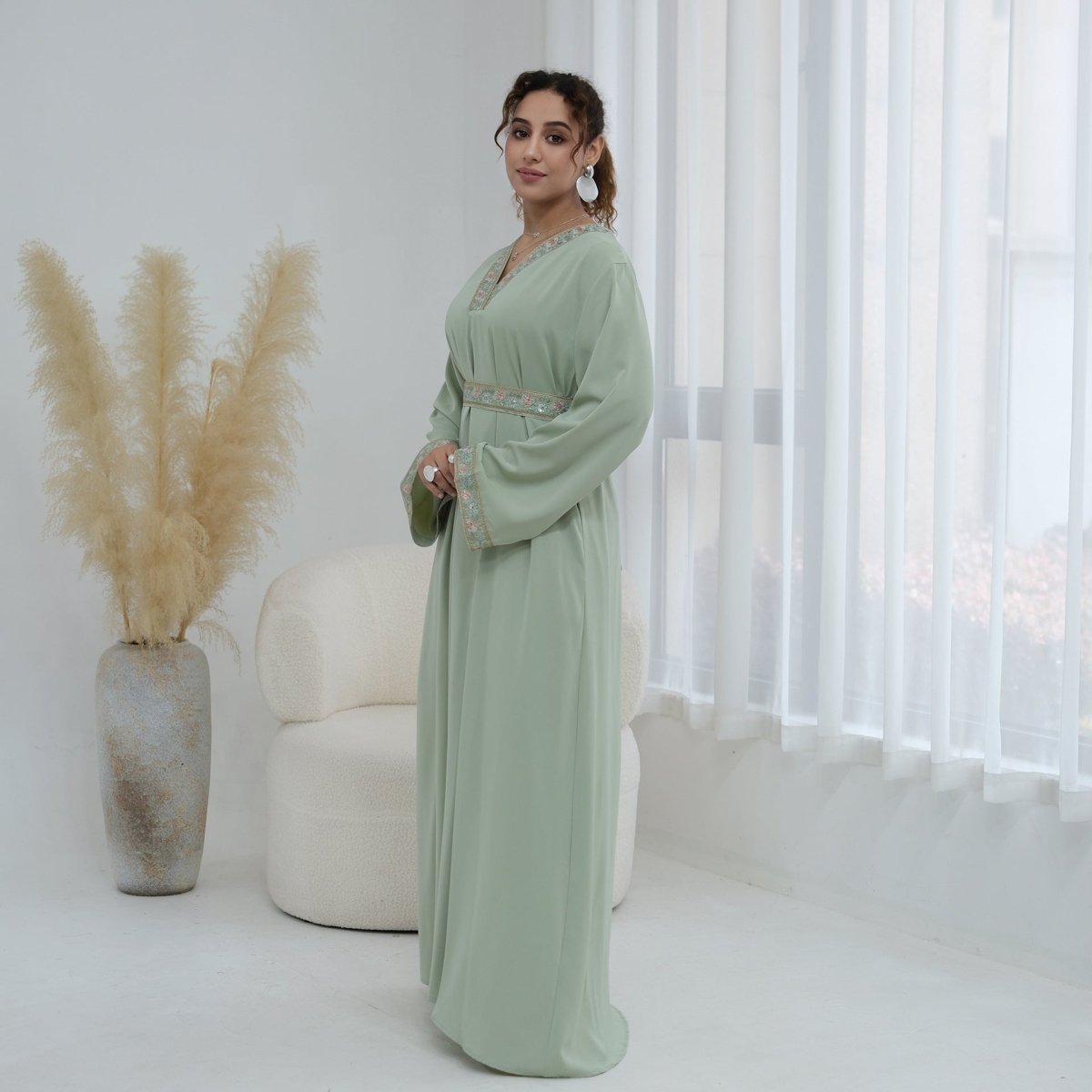 Light green Floral Embroidered V-Neck Nida Maxi Dress – view 19