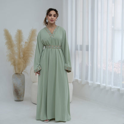 Light green Floral Embroidered V-Neck Nida Maxi Dress – view 25