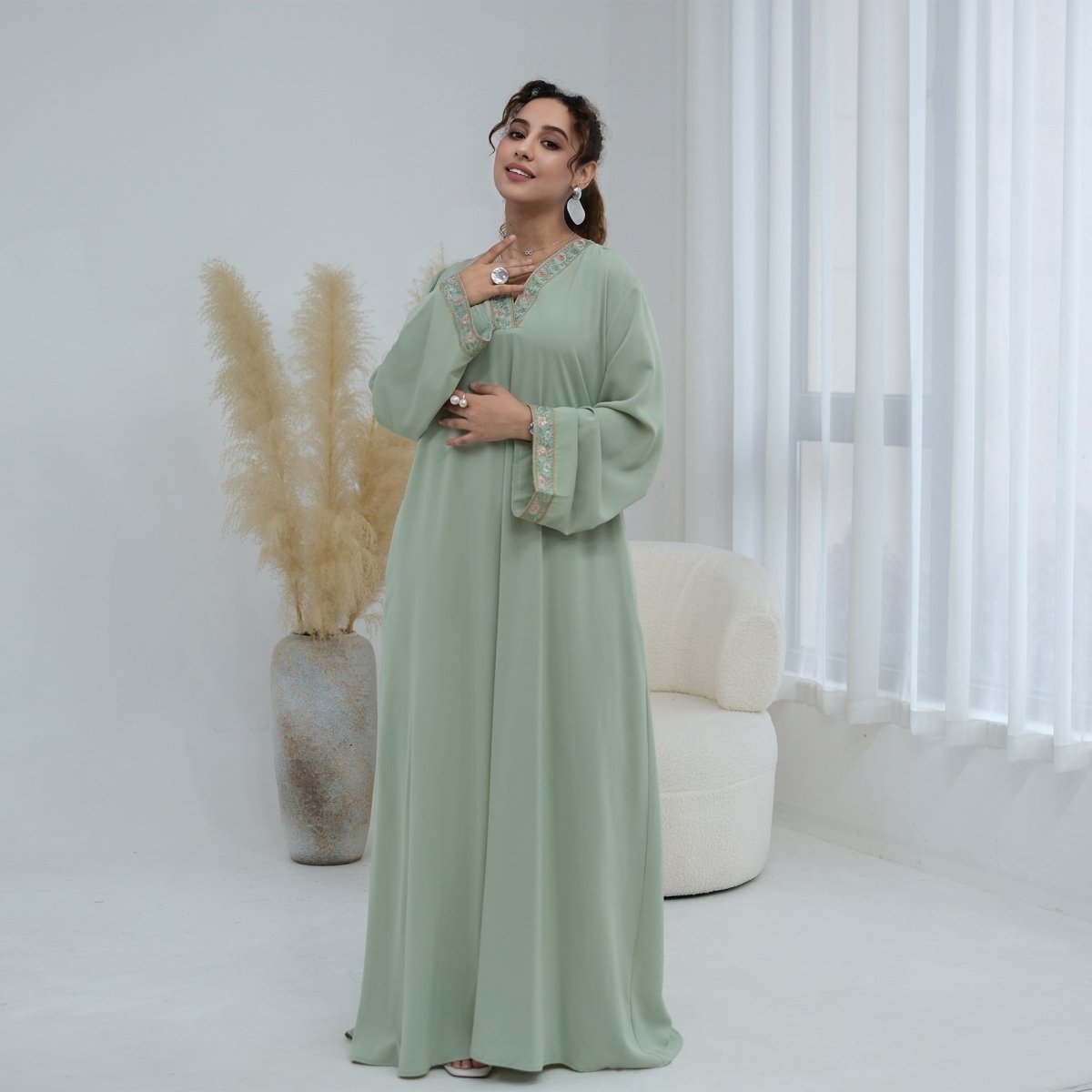 Light green Floral Embroidered V-Neck Nida Maxi Dress – view 16