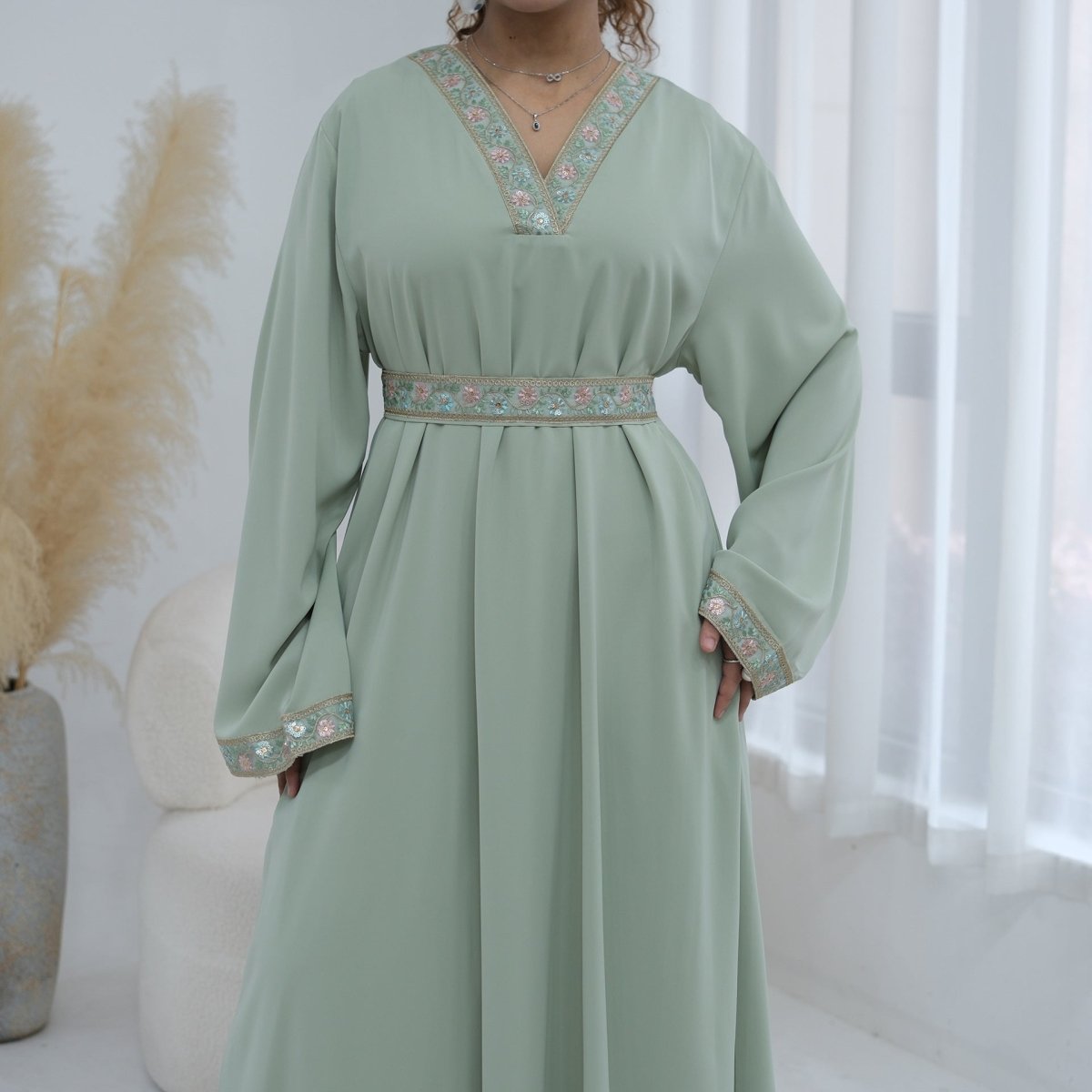 Light green Floral Embroidered V-Neck Nida Maxi Dress – view 18