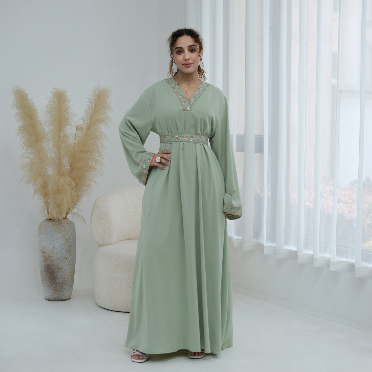 Light green Floral Embroidered V-Neck Nida Maxi Dress – view 4