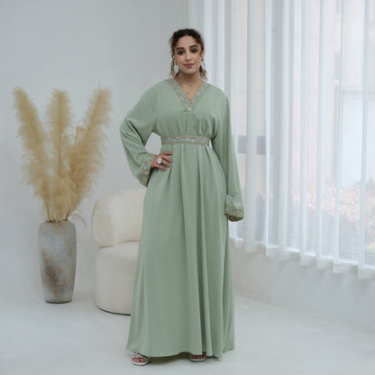 Light green Floral Embroidered V-Neck Nida Maxi Dress – view 4