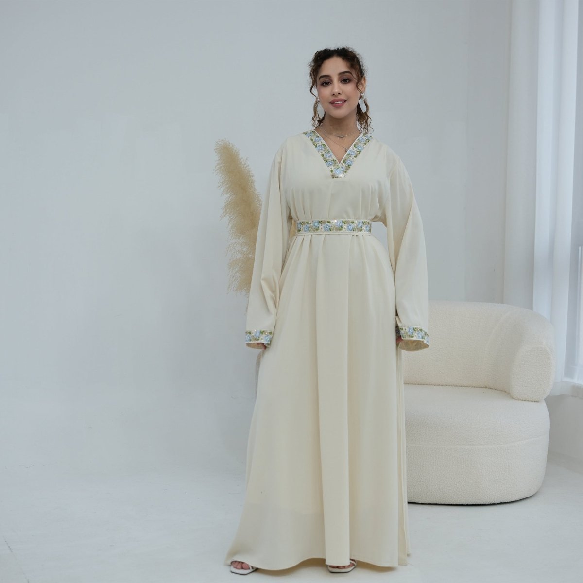 Light green Floral Embroidered V-Neck Nida Maxi Dress – view 26