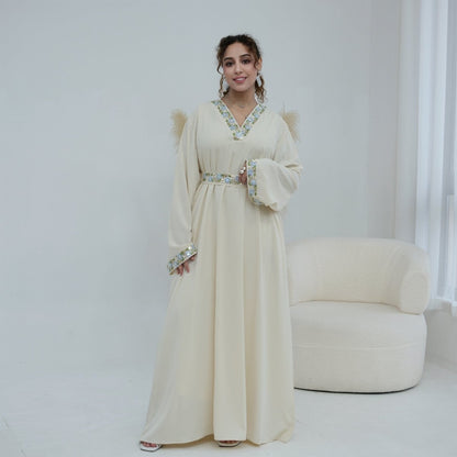 Light green Floral Embroidered V-Neck Nida Maxi Dress – view 13