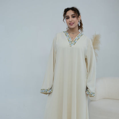 Light green Floral Embroidered V-Neck Nida Maxi Dress – view 12