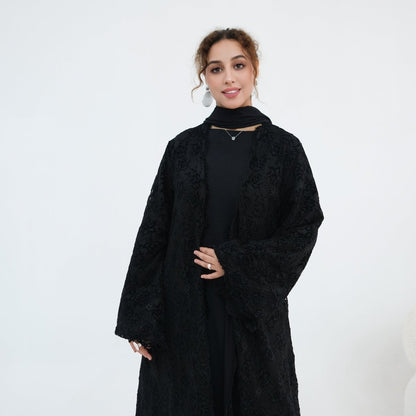 Black Floral Lace Open Abaya with Lining – view 14