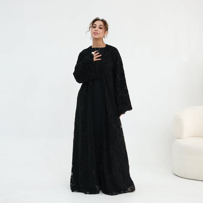 Black Floral Lace Open Abaya with Lining – view 19