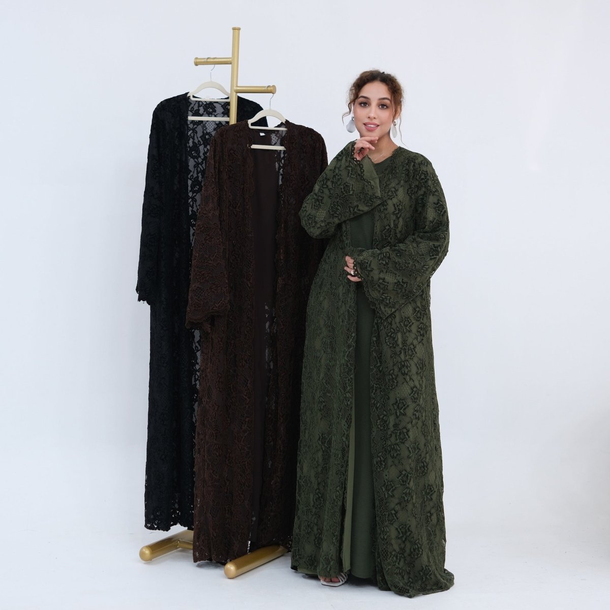 Black Floral Lace Open Abaya with Lining – view 4